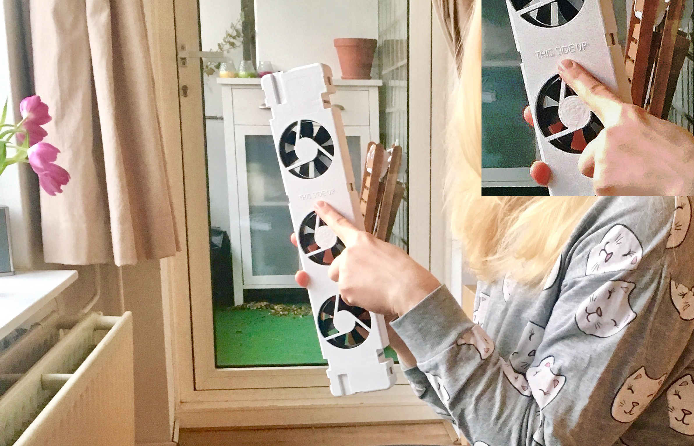 Foto van Susanne die aangeeft welke kant van de radiatorventilator de bovenkant is