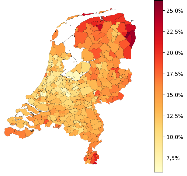 Percentage risicohuishoudens per gemeente