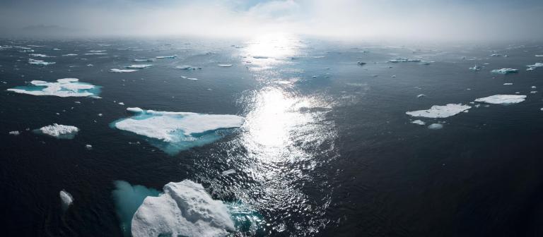 Foto van een oceaan waar kleine stukken ijs in drijven