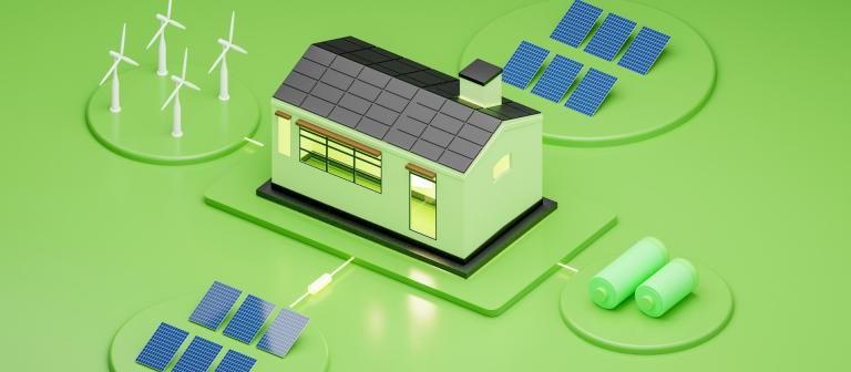 energiesysteem met zonnepanelen, windmolens en huis