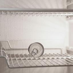 Foto van één blikje in een lege koelkast