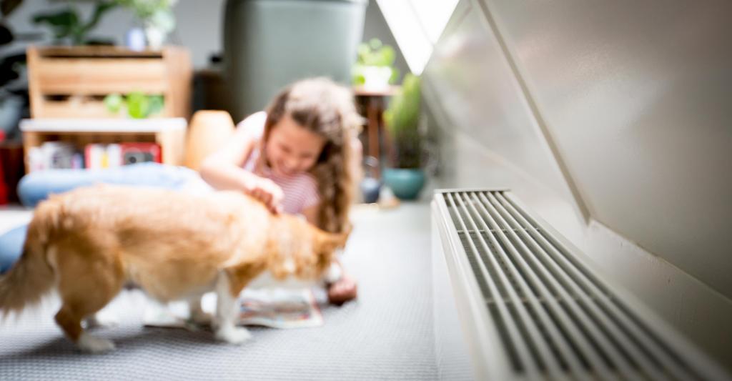 Foto van een meisje en een kat bij een radiator