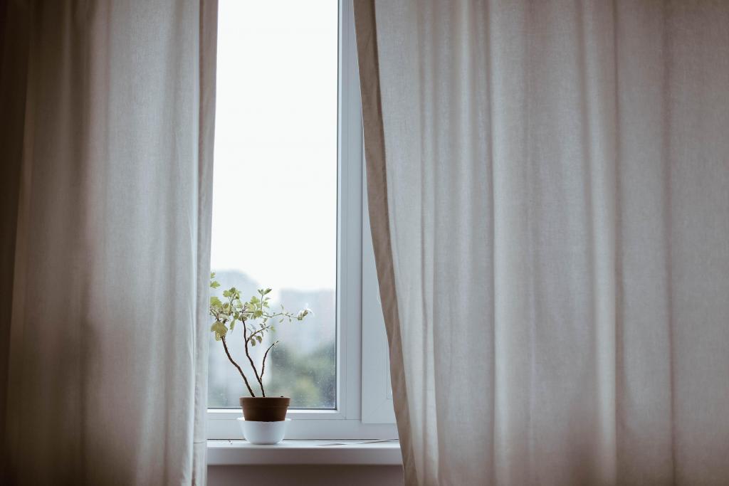 Foto van een raamkozijn met gordijnen en een plantje