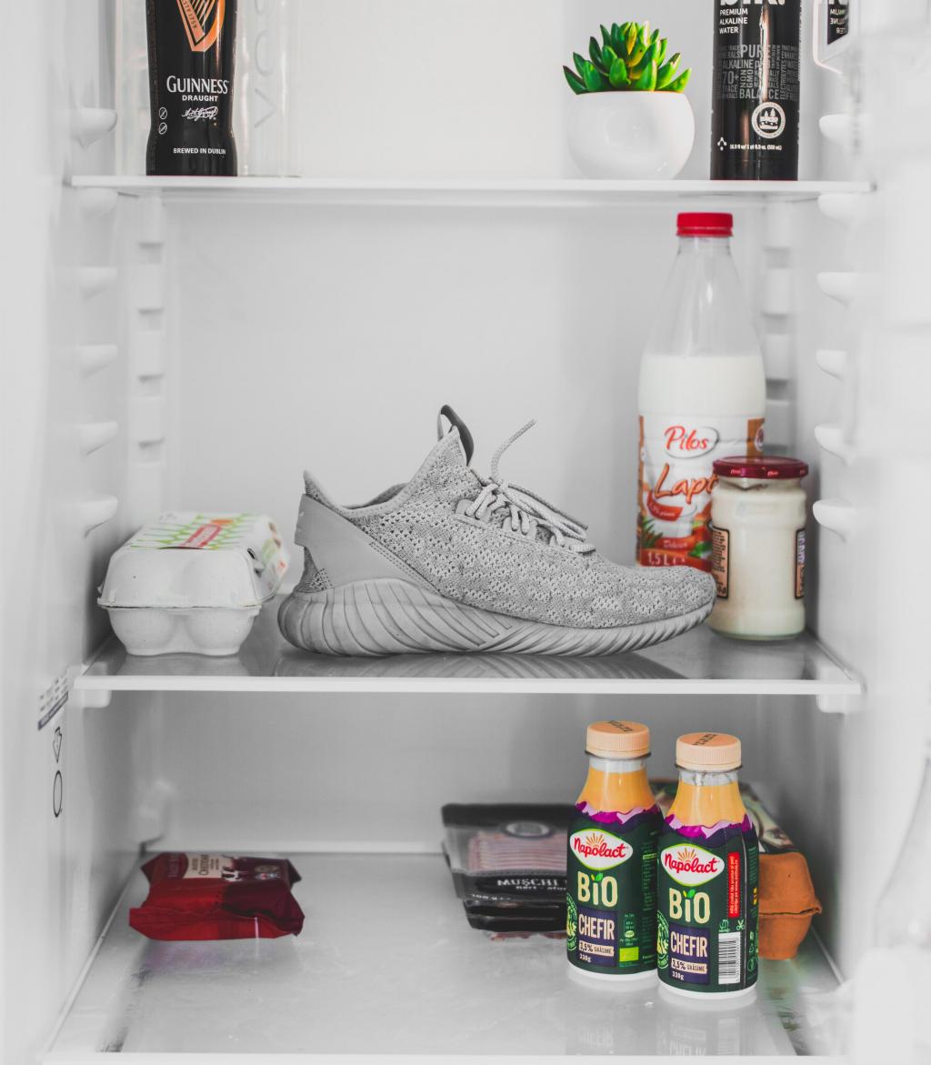 Foto van de binnenkant van een koelkast met een schoen