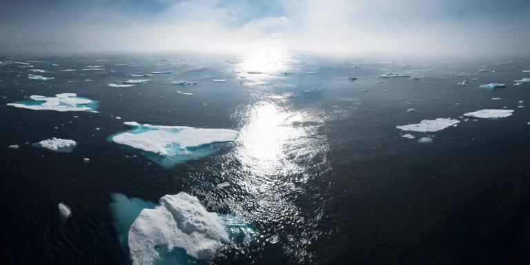 Foto van een oceaan waar kleine stukken ijs in drijven