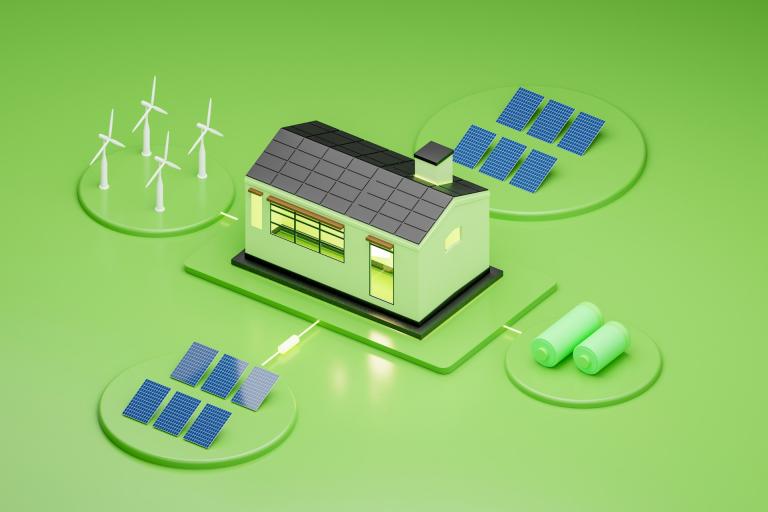 energiesysteem met zonnepanelen, windmolens en huis