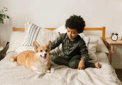 Kind speelt met hond 