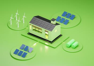 energiesysteem met zonnepanelen, windmolens en huis